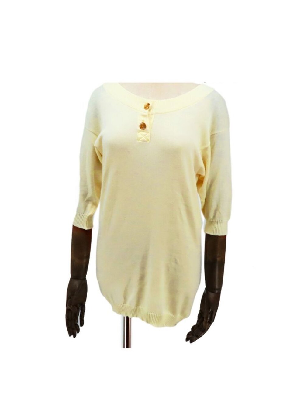 Chanel Henry Neck Knit Cream Cotton Sleeve Quilted Bag Button Top Vintage